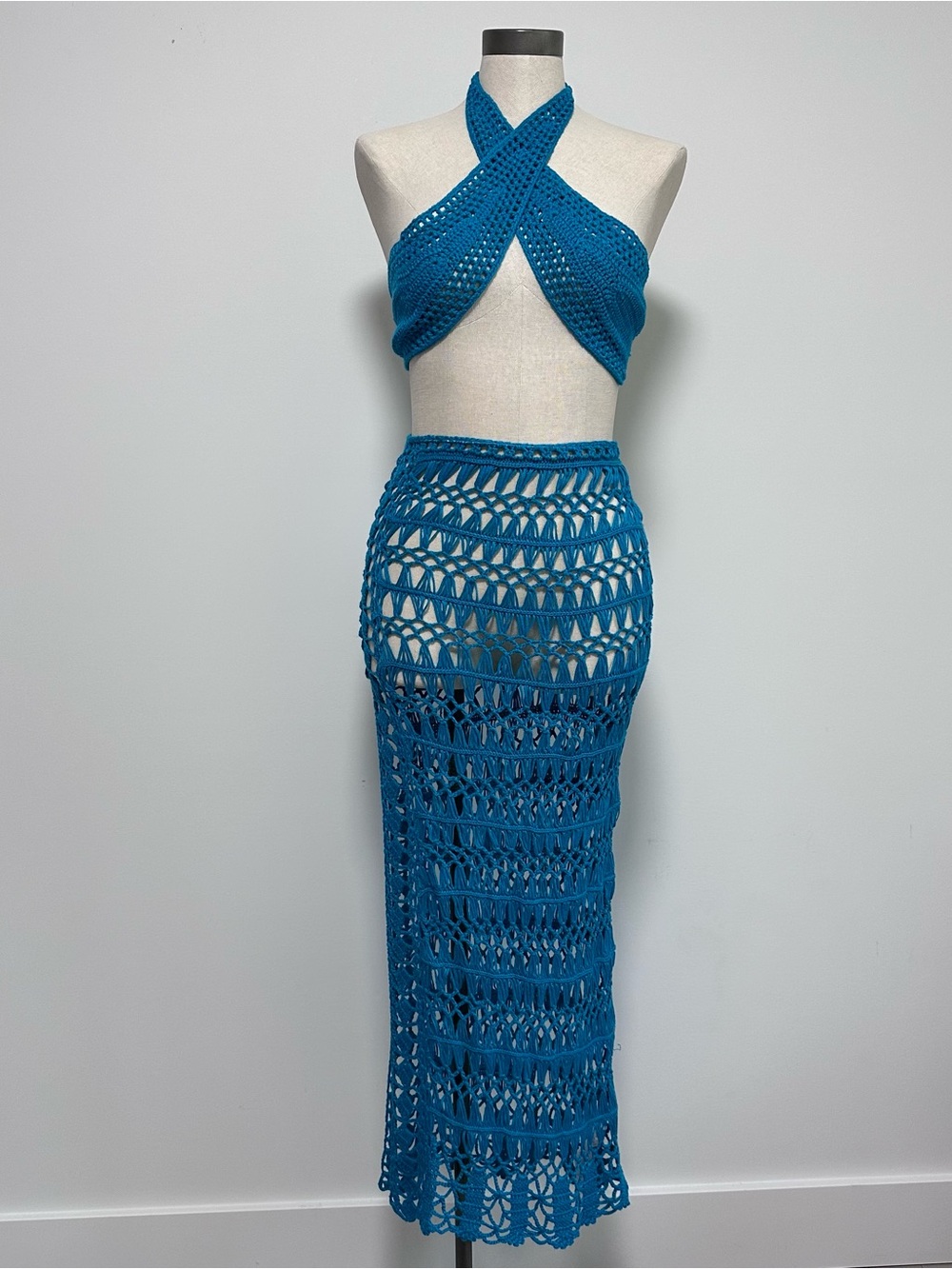 Blue Crochet Beach Maxi Skirt and Top
